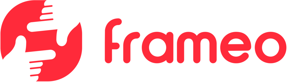 Frameo logo: four hands forming a square inside a red rounded badge, next to the word frameo