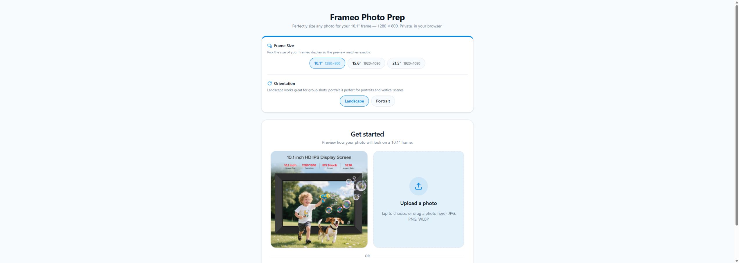 The Frameo Photo Prep tool with frame size presets, orientation toggle, and a photo upload area