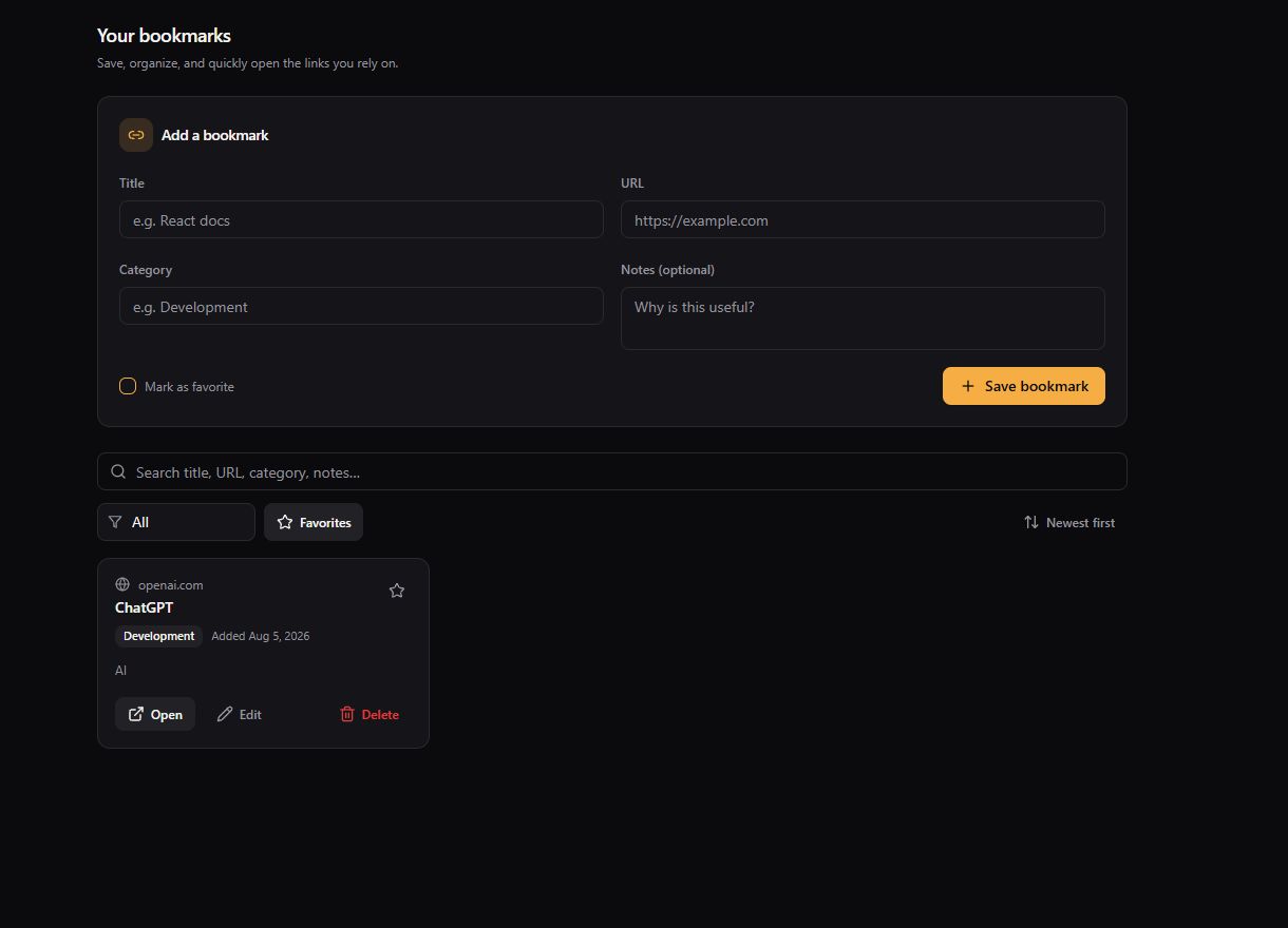 Bookmark Pocket dark dashboard with bookmark form, search, filters, and saved bookmark card.
