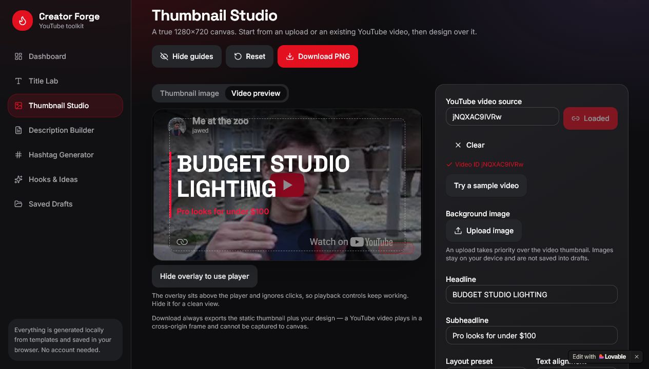 Creator Forge Thumbnail Studio showing a YouTube video preview with a headline overlay and safe-area guides.