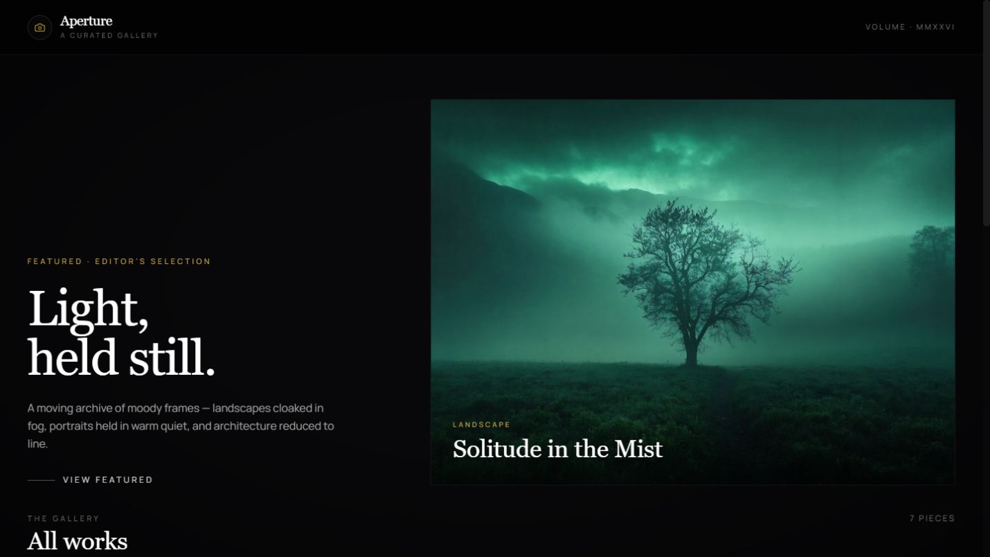 Aperture cinematic dark photo gallery featuring a solitary tree in green mist.
