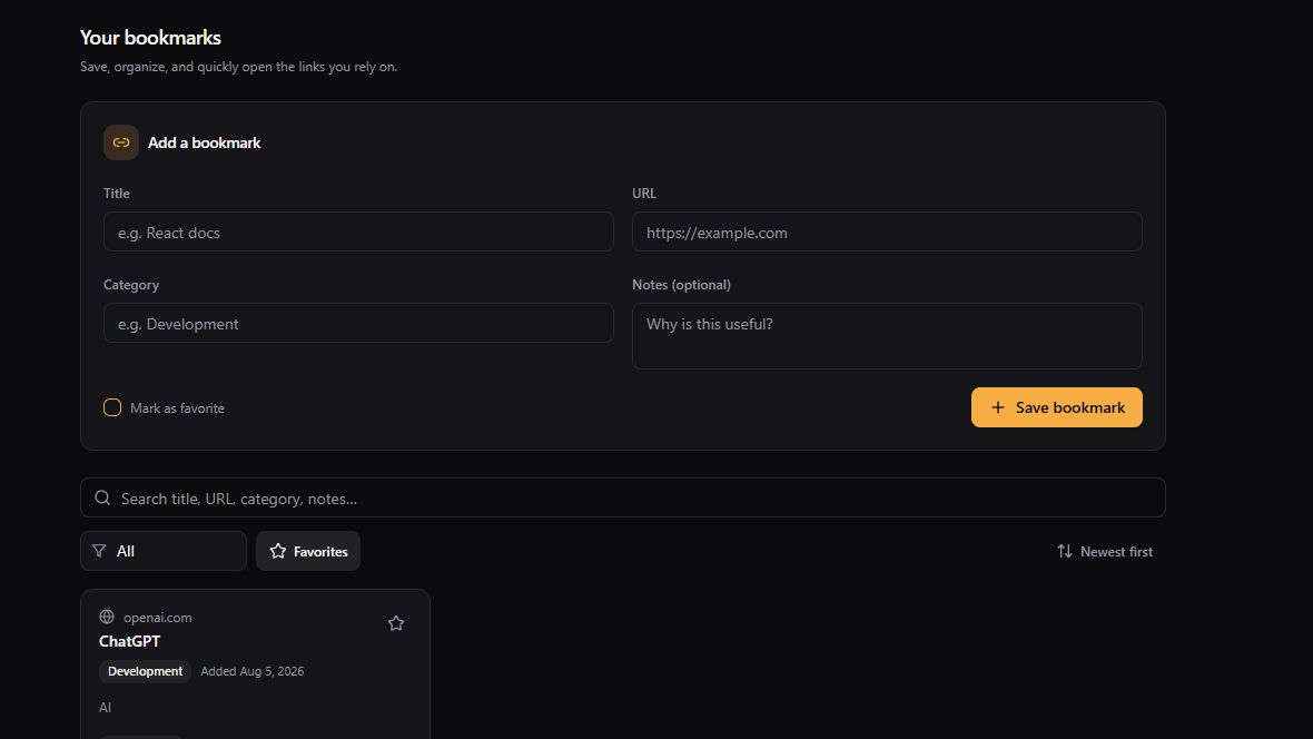 Bookmark Pocket dark dashboard with bookmark form, search, filters, and saved bookmark card.