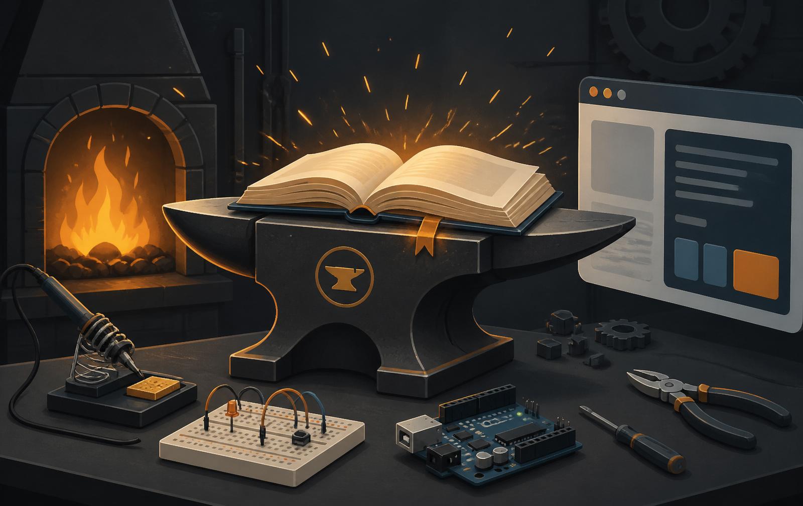 A forge anvil holding an open book, sparks and tools of the maker trade